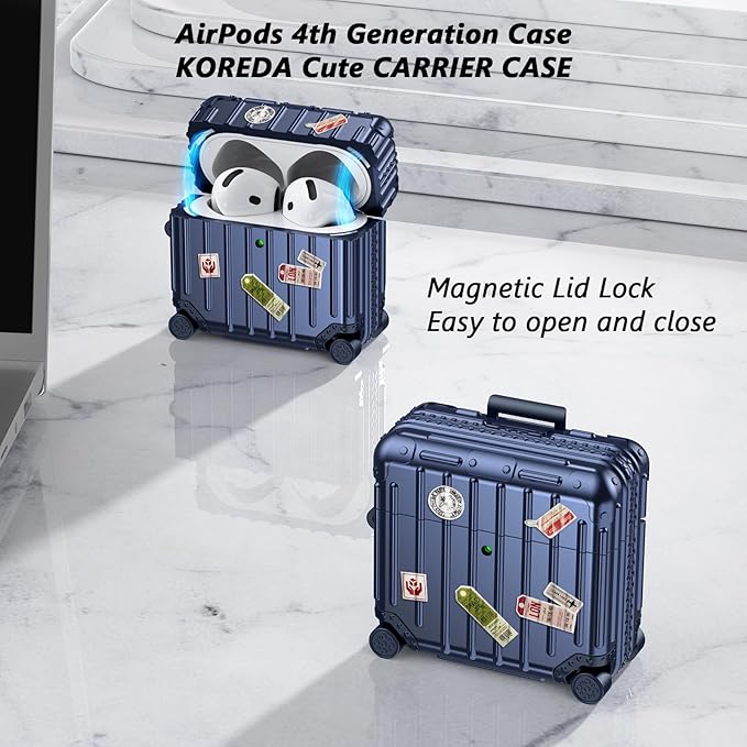Filoto Compatible with Airpods 4 Case, Cute Fashion Suitcase Design for Airpods 4th Generation Case Cover, Shockproof Protective Hard Case with Keychain/Cleaner Kit (Blue, Airpods 4 Case)