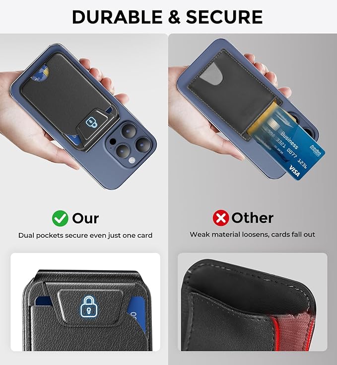 Upgraded Mag-Safe Wallet with Flap, 5 Card Holder, Magnetic Phone Wallet with Adjustable Stand, Slim for iPhone 17/16/15/14/13/12 Series, RFID Blocking, Leather - Black, Not for 13/12 Mini