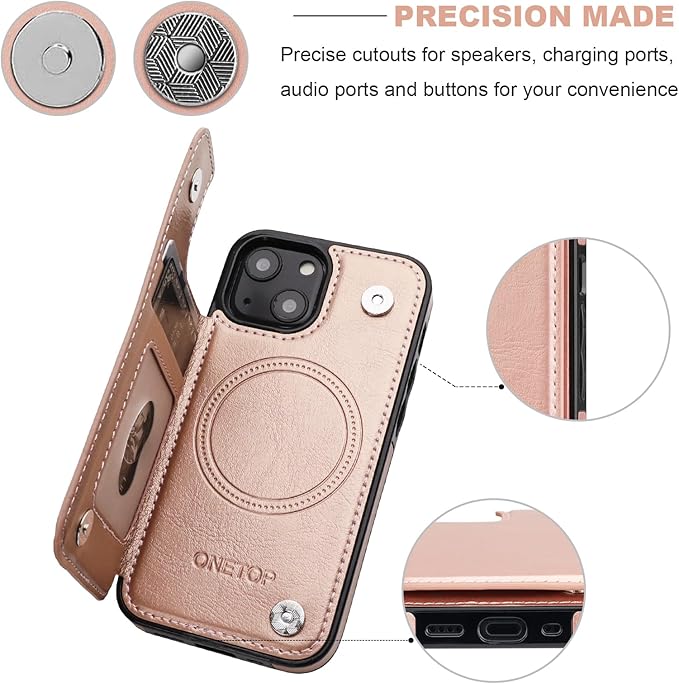 ONETOP Compatible with Magsafe for iPhone 13 Mini Wallet Case with Card Holder, PU Leather Kickstand RFID Blocking Case, Double Magnetic Clasp and Durable Shockproof Cover 5.4 Inch (Rose Gold)