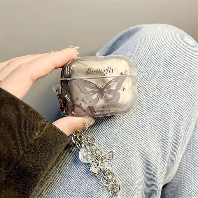 Compatible with AirPod Pro Case Soft with Cleaner Kit Keychain Elegant Butterfly Cover for Girls Women Airpods Pro 2nd/1st Generation-Gray