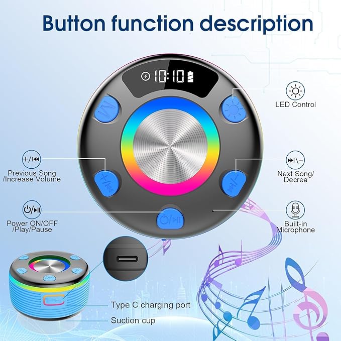 OYIB Bluetooth Shower Speaker, Portable Bluetooth Speaker 360° HD Sound, RGB Lights, IPX7 Waterproof Wireless Speaker with Suction Cup and Mic, Shower Radio for Party/Outdoor/Travel/Gifts/Blue