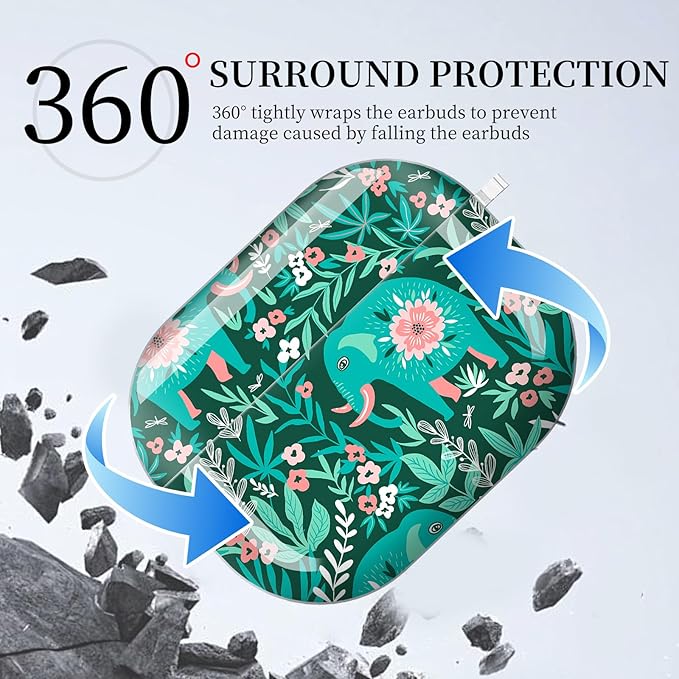 Case for AirPod Pro 3 Shock-Proof Protective Hard Case with Golden Keychain Compatible with Apple Airpods Pro 3rd Generation 2025 (Boho Tropical Floral Elephants)