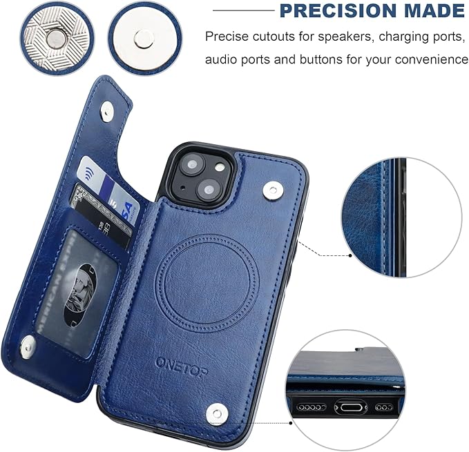 ONETOP Compatible with Magsafe for iPhone 13 Wallet Case with Card Holder, PU Leather Kickstand RFID Blocking Case, Double Magnetic Clasp and Durable Shockproof Cover 6.1 Inch (Blue)