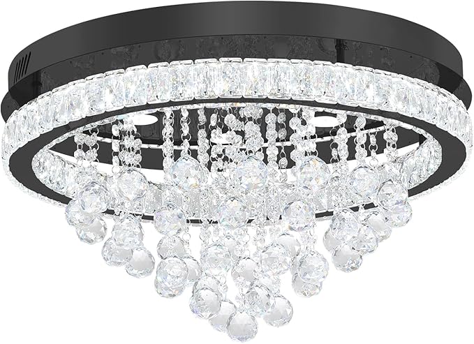 Dia 24" Modern Crystal Chandeliers for Dining Room,Black Raindrop Chandelier Flush Mount Chandeliers for Living Room Bedrooms Dining Room Dimmable 2700k 4500k 6000k