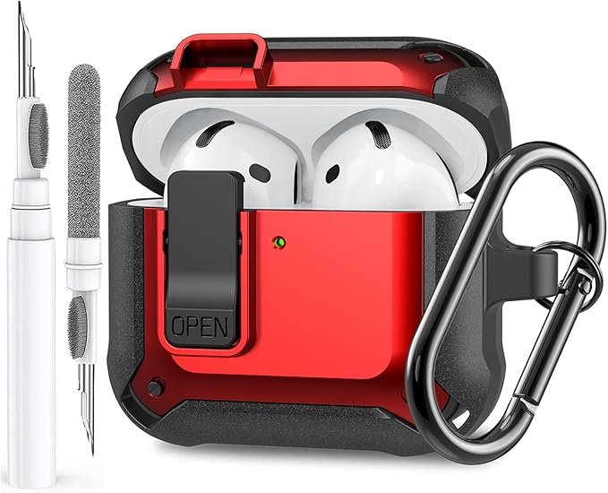 for Airpods 4 Case with Lock Clid, Rugged Apple Airpods 4th Generation Cover 2024 Men Women, Armor Shockproof iPod 4 Gen Protective Hard Shell with Carabiner&Cleaner kit, Black/Red