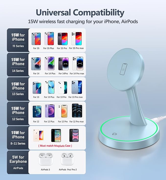 Magnetic Wireless Charger Stand 15W Fast Mag-Safe Charger for iPhone 17 /17 pro/ 17 Air/ 17 pro max 16/15/14/13/12 Series Magnet Wireless Charging Station/Pad with Sleep-Friendly Light for AirPods