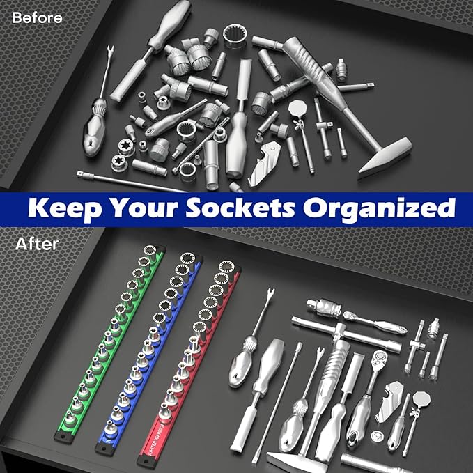 Magnetic Socket Organizer, 3-Piece Set Aluminum Alloy Socket Holder, 360° Swivel Socket Rail for Tool Box Drawer, Heavy Duty Socket Rack Kit with 80 Clips for 1/2, 3/8, 1/4-Inch