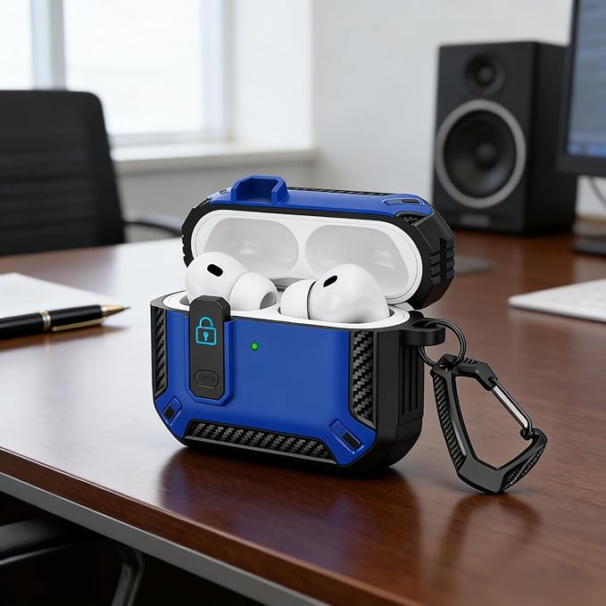 for AirPods 4 Case 2024 with Secure Lock Clip - Military-Grade Drop Protection AirPods 4th Generation Case, Carbon Fiber Shockproof Cover, Automatic Pop-up & Carabiner Hook,Blue