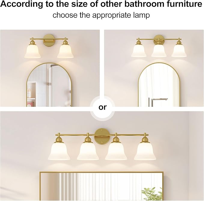 Bathroom Light Fixture, 2-Light Vanity Wall Sconce with Glass Shades, Gold Finish, Light Fixtures Over Mirror for Bathroom, Bedroom, Living Room, Hallway, 18inch