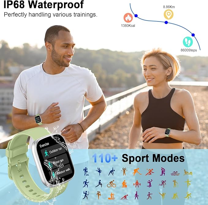 Smart Watch for Men Women, 1.91"HD Screen Smartwatch (Answer/Make Call), 2026 Fitness Tracker Heart Rate/Activity/Sleep Monitor, IP68 Waterproof,110+ Sport Modes,Step Counter for Android IOS Green