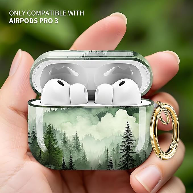 Cute Hard Case Compatible with AirPods Pro 3rd Generation Case (2025), Shockproof Protective Cover with Golden Keychain Ring Clip (Green Mountain)