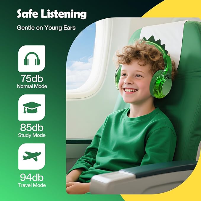 QearFun Kids Dinosaur Bluetooth Headphones, 60H Playtime, 74/85/94dB Safe Volume Limit, Metallic Gradient Wireless Headset with Mic, Fast Charging, Foldable, Wired Mode for Girls School/Tablet/Travel