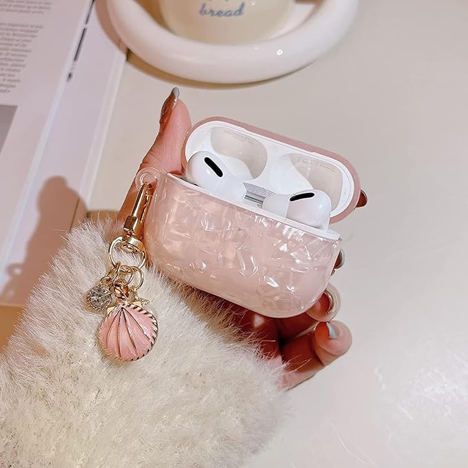 for AirPod Pro 3 Case 2025 Cute Luxury Marble TPU Protective Cover with Glitter Shell Pearl Keychain Compatible for AirPods Pro 3rd Generation Case for Women Girls (Pink)