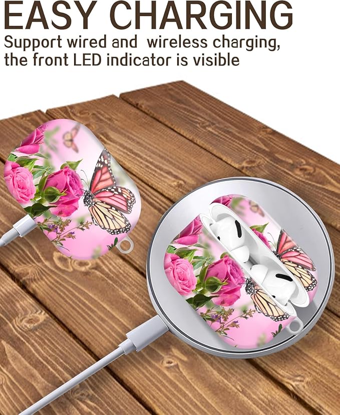 Compatible with Airpod Pro 2nd/1st Generation,Full Protection Cover for Women,Accessories Hard Case Portable & Shockproof for Airpod Pro 2nd Charging Case 2023/2022/2019(Butterfly Rose Floral)