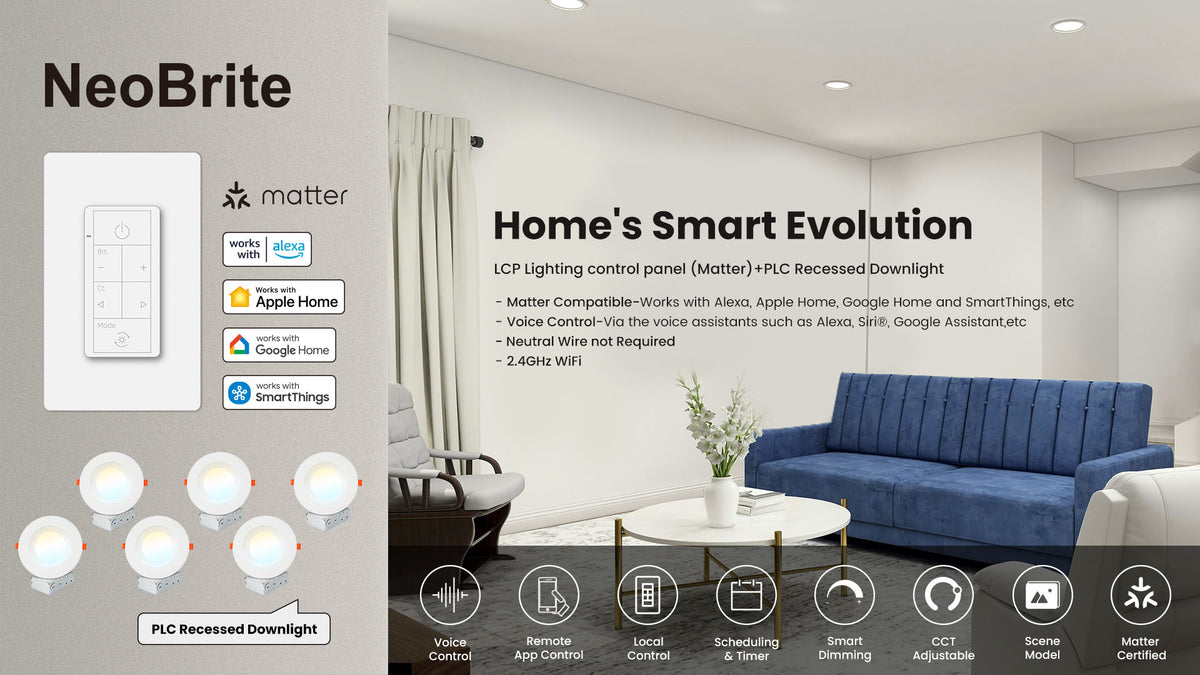 NeoBrite Matter Smart Switch & Recessed Lights Kit, 6 Pack – No Neutral Wire Required, Voice & App Control, Dimmable 2700K-6500K, Compatible with Alexa, Apple Home, Google