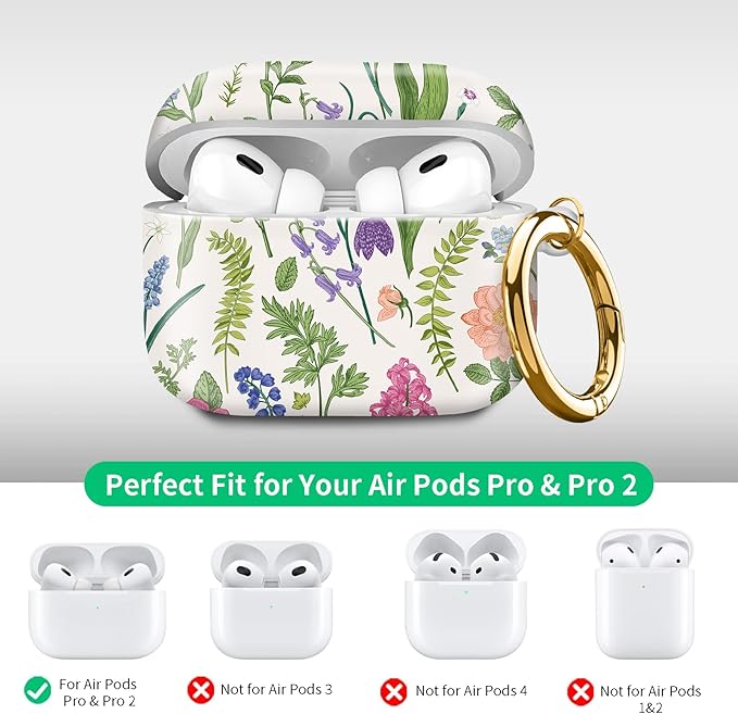 Compatible with Airpod pro 2nd/1st Generation Case Cover with Gold Round Keychain Cute Pattern Hard & Anti Slip Cover for Men Women & Girls(Flower Landscape)
