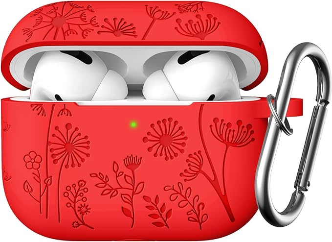 Lerobo Flower Engraved Cover Compatible with Airpod Pro Case Funny, Soft Silicone Protective Case for Airpods Pro 2nd 1st Generation Case USB C, Cute, Skin Frienfly, Front LED Visible, Red