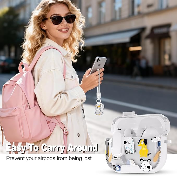 for AirPods Pro 3 Case(2025) with Secure Lock Clip and Phone Stand,Floral Girly Style Protective Cover with Cleaning Kit and Hand Strap for Apple AirPod Pro 3 Generation (White Dog)