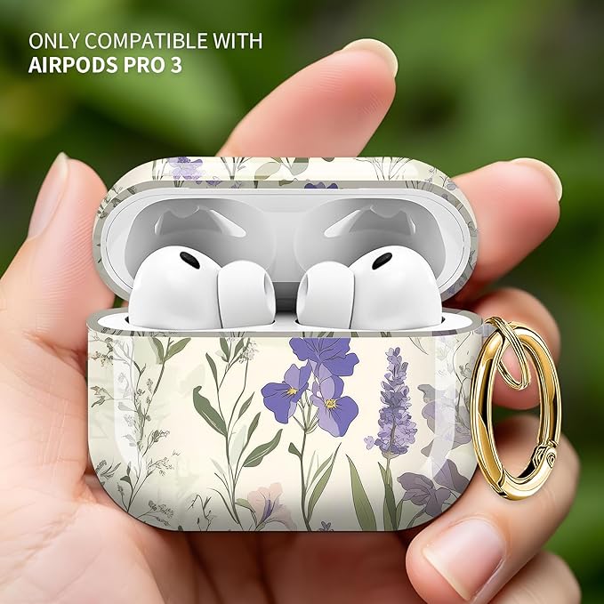 Cute Hard Case Compatible with AirPods Pro 3rd Generation Case (2025), Shockproof Protective Cover with Golden Keychain Ring Clip (Retro Flower)