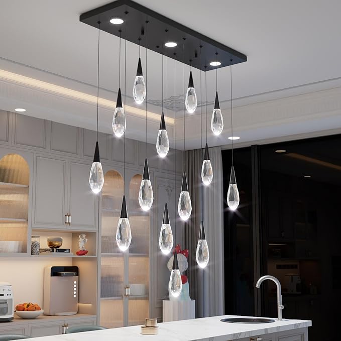 14-Lights Modern Rectangular Chandelier LED Black Pendant Light Fixture Raindrop Ceiling Chandeliers for Living Room Staircase Foyer