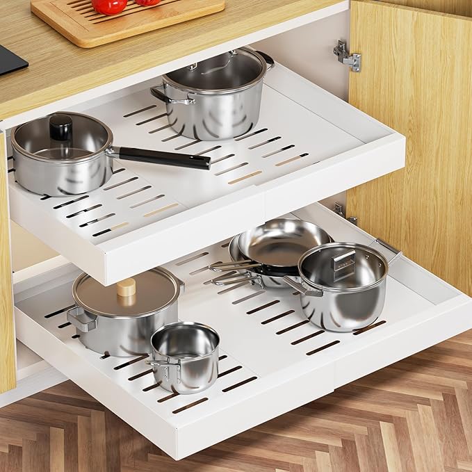Delamu 21" Deep Pull Out Cabinet Organizer, Expandable (12.3 "-20.8" W) Pull Out Drawers for Cabinets, Expandable Slide Out Drawers for Kitchen, Cabinets, Bathroom, Pantry Storage, White, 1 Pack