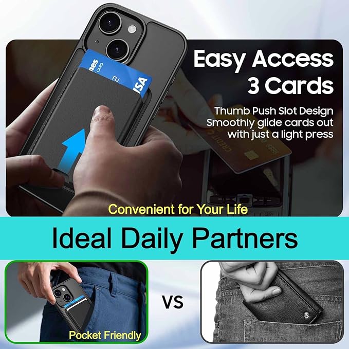 iPhone 15 MagSafe Case with Detachable Wallet – RFID Blocking, Military-Grade Drop Protection, Black