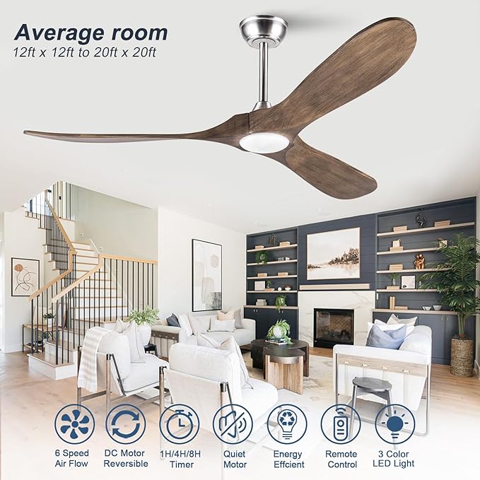 60 Inch Ceiling Fan with Lights and Remote, 3 Wood Fan Blades Ceiling Fan with Quiet Reversible DC Motor Indoor Outdoor for Patios Living Room Bedroom Study