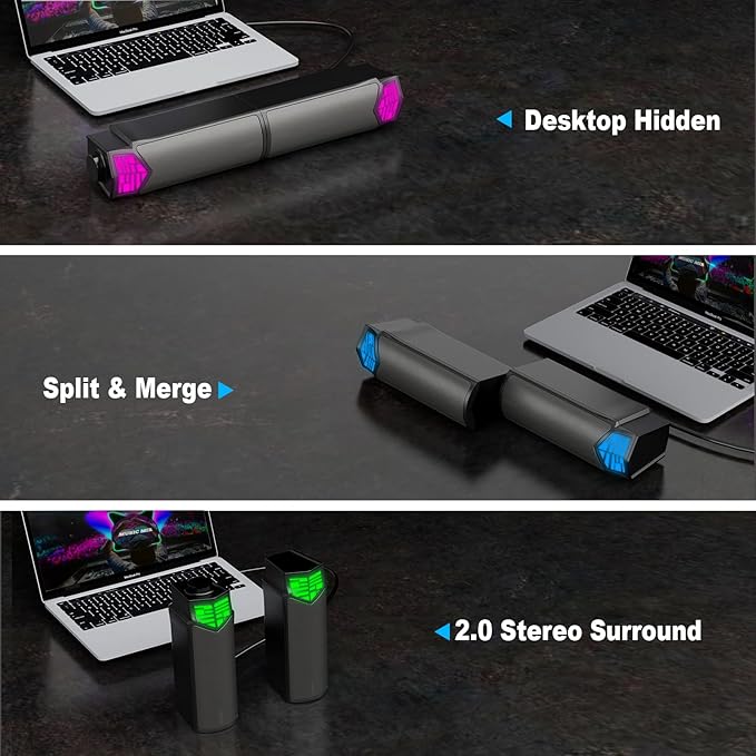 Smalody Gaming Speakers for PC, Computer Speakers for Desktop Monitor with Bluetooth, 2 in 1 Computer Speaker Soundbar, Can Be Split and Combined Freely