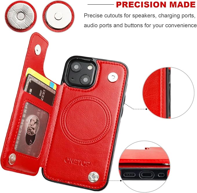 ONETOP Compatible with Magsafe for iPhone 13 Mini Wallet Case with Card Holder, PU Leather Kickstand RFID Blocking Case, Double Magnetic Clasp and Durable Shockproof Cover 5.4 Inch (Red)