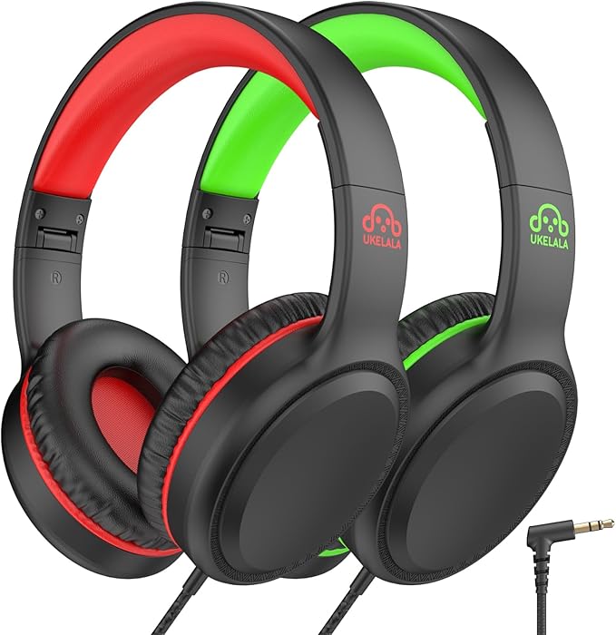 U2 2 Pcs Wired Headphones for Kids Boys Girls, On Ear Youth Headphones for School Airplane Travel, Lightweight Portable Compatible with Tablet Computer Laptop for Adults Student Green & Red