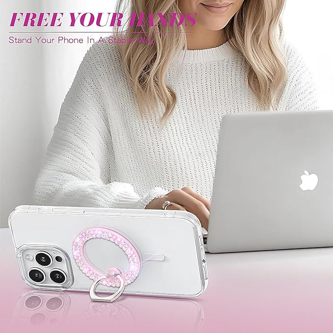 Bling Magnetic Phone Ring Holder for Mag-Safe, Glitter Magnet Cell Phone Grip Stand Sparkle Finger Ring Magnetic Compatible with iPhone 16 Pro Max 15 14 13 12 Mag-Safe Accessories(Pink)