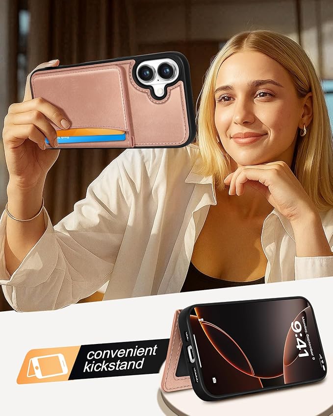 for iPhone 16 Plus Case with Wallet - Fits 4 Card Slots, Compatible with MagSafe for Women Aesthetic Durable PU Leather Credit Card Holder Kickstand Phone Cover for Apple 16 Plus, Rose Gold