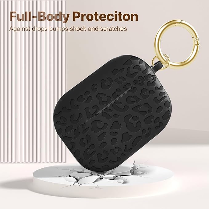 Case Compatible with AirPods Pro 3 Generation 2025 Cover with Keychain, Gawnock Engraved Leopard Skin Soft Cover for AirPods Pro 3 Case Full Protection,Front LED Visible, Black