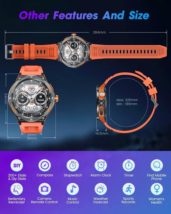 Smartwatch for Men Android Fitness Tracker: 1.53" Military Smart Watch with Flashlight Compass Make Answer Bluetooth Call Android iPhone Compatible 3ATM Waterproof Sport Watch Sleep Heart Rate Monitor