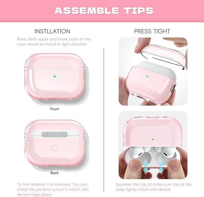 for Airpods Pro 2 Case Cover, Compatible with Airpods Pro Case 2nd Gen USB C Charging Port, Clear Soft Transparent Military Grade Shockproof Case, Clear Pink