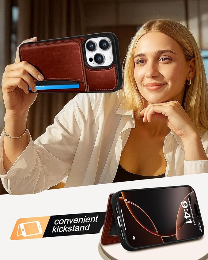 for iPhone 13 Pro Case with Wallet - Fits 4 Card Slots, Compatible with MagSafe for Women Men Durable PU Leather Credit Card Holder Kickstand Phone Cover for Apple 13 Pro, Brown