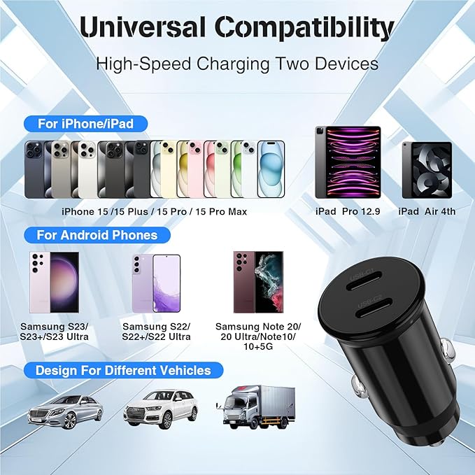 USB C Car Charger for iPhone 17 16 15 Pro Max,40W Dual Port USB-C & USB-A Car Fast Charging Adapter,2X10FT C to C Cable & A to C Carplay Cable for iPhone 17 16 15 Series/iPhone Air,iPad,Samsung-Black