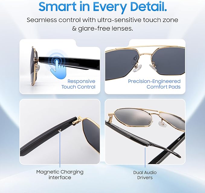 LIMU Gen 5 AI Translation Smart Sunglasses - AI Glasses with Real-Time AI Interpreter, Open-Ear Bluetooth Audio for Calls & Music, Premium 33 g Metal Frame, Travel & Business Ready for Women & Men