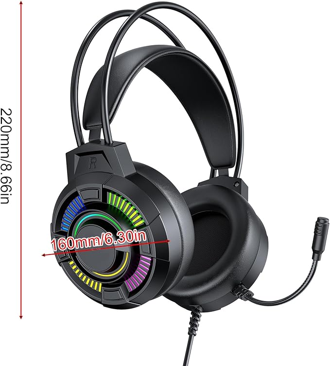 USB Wired Gaming Headset, RGB Lighting Gaming Headphones with 7.1 Surround Sound, 50mm Drivers, Over Ear Comfort, Lightweight, for PC