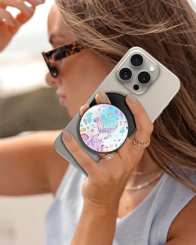 Kidcube Magnetic Phone Grip Compatible with Magsafe - Cell Phone Grip Stand Magnetic Ring Holder Finger Kickstand for iPhone 17 16 15 14 13 12 Series Magnet Removable Accessories Cute Girly Fish Tail