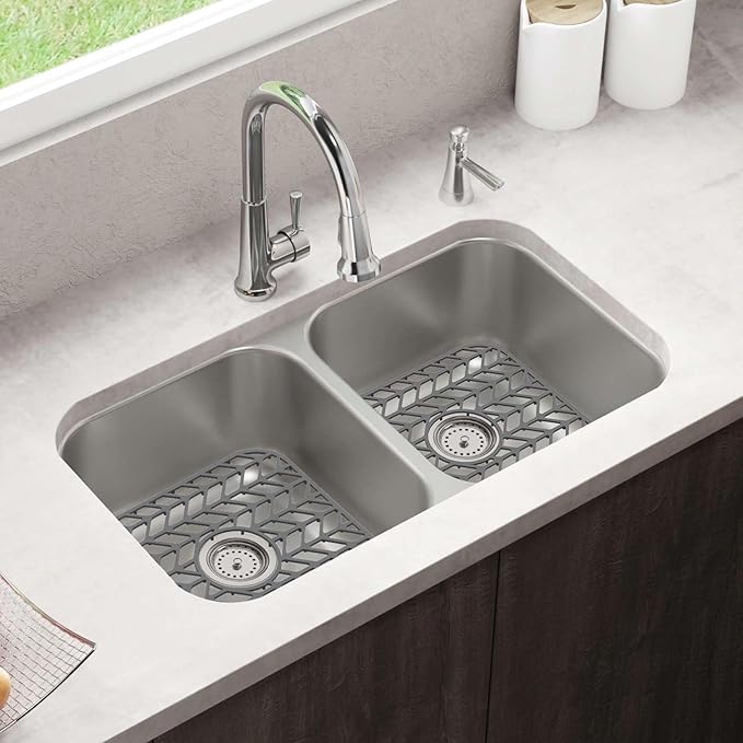 AWOKE Silicone Sink Protectors for Kitchen Sink, 12" x 11" Sink Mat for bottom of sink, Center Drain Hole, Protect Sink from Stains, Scratches, Dishwasher Safe Grid Mat for Kitchen (2 Pack, Gray)