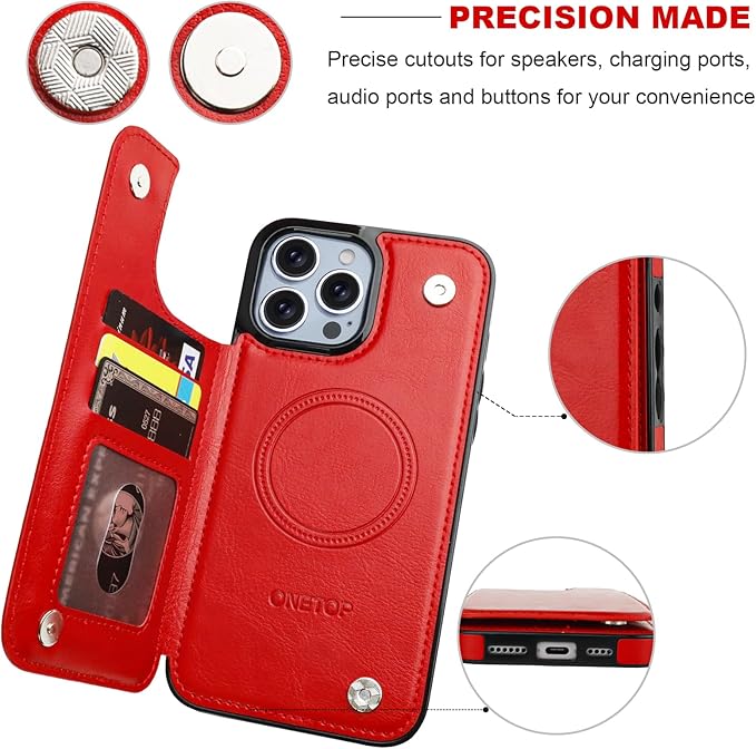 ONETOP Compatible with Magsafe for iPhone 13 Pro Max Wallet Case with Card Holder, PU Leather Kickstand RFID Blocking Case, Double Magnetic Clasp and Durable Shockproof Cover 6.7 Inch (Red)