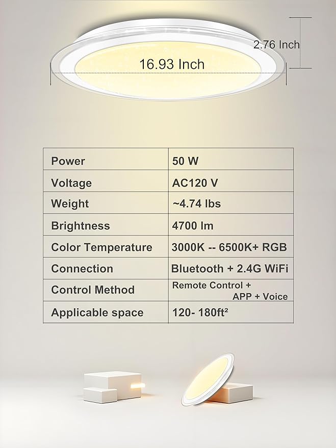 WF-Version LED Ceiling Light with Speaker 50W 17Inch Control via app/Voice/Remote Adjustable Brightness & Color Temperature Ceiling Lamp RGB Ambient Lighting for Bedroom Kids Room and More