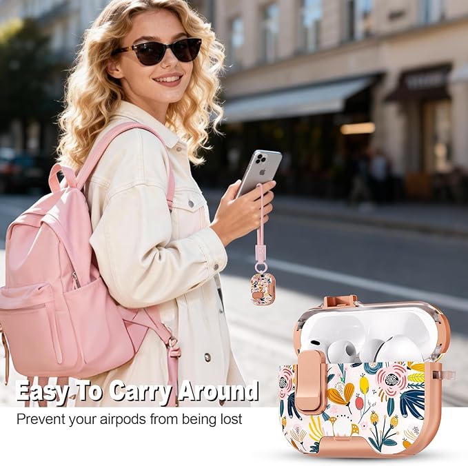 for AirPods Pro 3 Case(2025) with Secure Lock Clip and Phone Stand,Floral Girly Style Protective Cover with Cleaning Kit and Hand Strap for Apple AirPod Pro 3 Generation (Palm Petals)