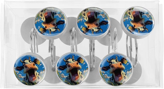 12 Packs Funny Cow Pattern Shower Curtain Hooks, Stainless Steel Glass Shower Curtain Rings for Bathroom Decor, Metal Rustproof Curtain Rod Hooks