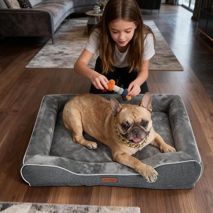 Memory Foam Dog Beds Medium Sized Dog with Removable Bolsters & Washable Cover,Orthopedic Pet Beds Eggshell Foam Infused with Cooling Gel Waterproof Relieves Joint Pain,28"x23"x6.5"Dark Grey