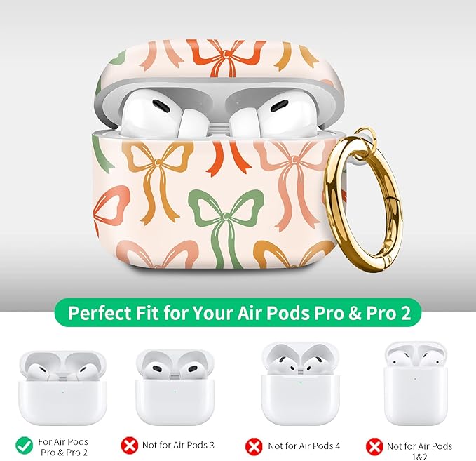 Compatible with Airpod pro 2nd/1st Generation Case Cover with Gold Round Keychain Cute Pattern Hard & Anti Slip Cover for Men Women & Girls(Colored Bow)