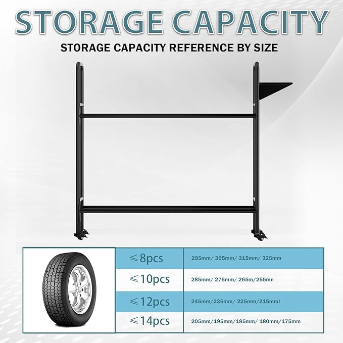 Heavy-Duty Tire Rack with Wheels, Garage Tire Storage Organizer, Adjustable Metal Straps & 4 Locking Casters, Holds Up to 660 lbs, for Car Tires Storage Organization