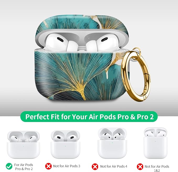 Compatible with Airpod pro 2nd/1st Generation Case Cover with Gold Round Keychain Cute Pattern Hard & Anti Slip Cover for Men Women & Girls(Green Lotus Leaf)