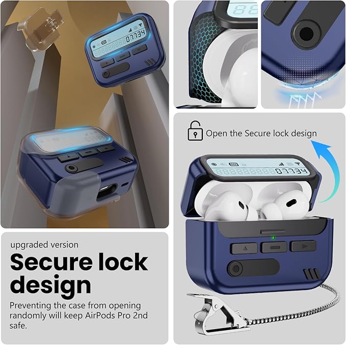 (with Safety Lock) Pager Cases Compatible with AirPods Pro 2nd Generation Case Cover with Cleaner Kit,Hard TPU Full Protection for AirPods Pro 2 Charging Case(USB-C)(2023/2022/2019) for Men-Blue